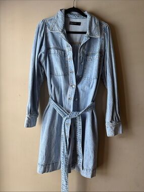 DECJUBA Light Blue Denim Shirt Dress with Waist Tie